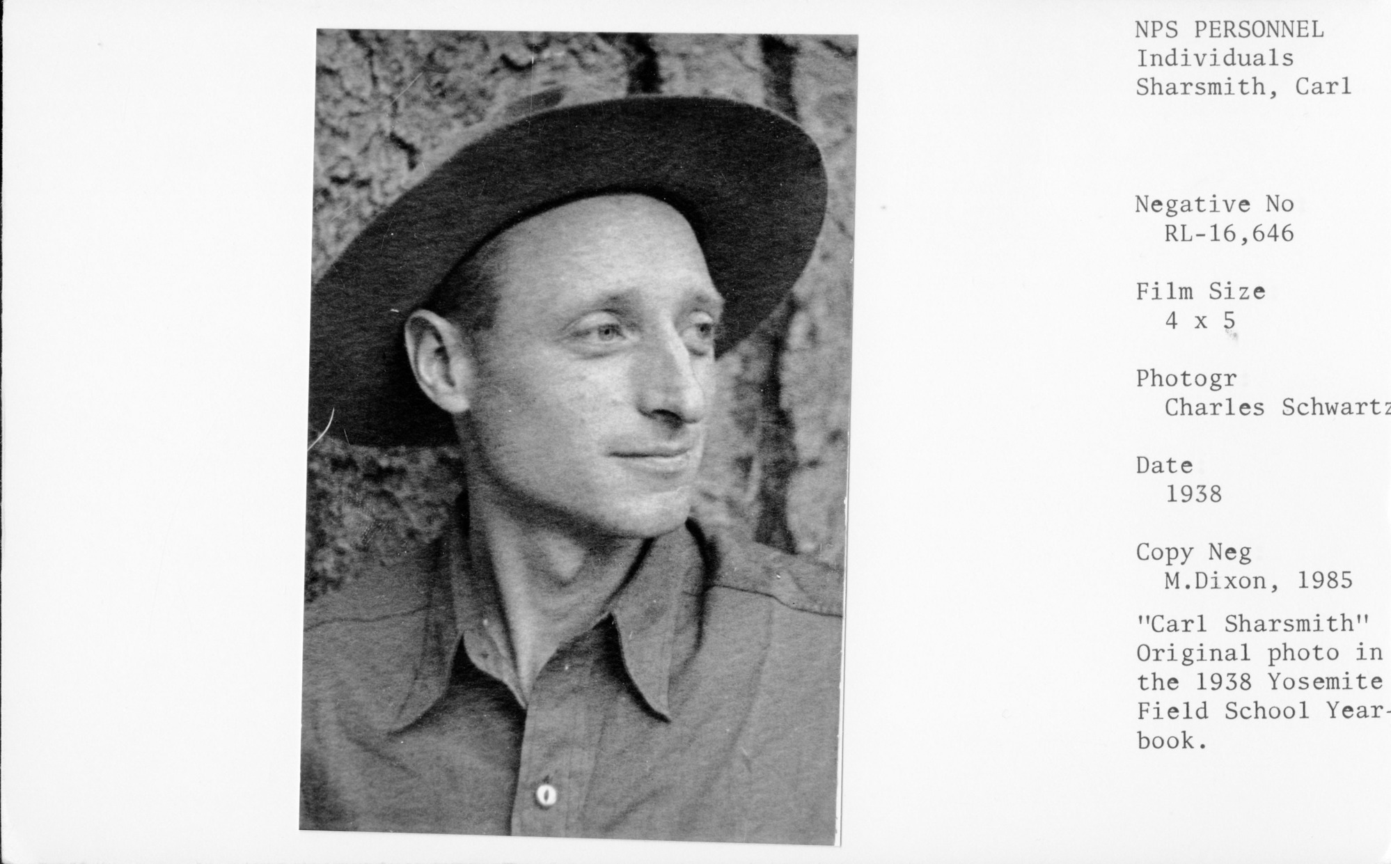 Copy Neg: Michael Dixon, 1985. "Carl Sharsmith". Original photo in the 1938 Yosemite Field School Yearbook.