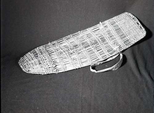 Miwok cradle basket (without hood) made by Sophia Thompson c. 1920. "Chapparell Sticks". Owned by James Cox. Tuolumne Mewuk Rancheria, Tuolumne, Ca.