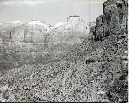 Views of West Temple, Streaked Wall, and Sentinel Peak - guide for art work in exhibits.