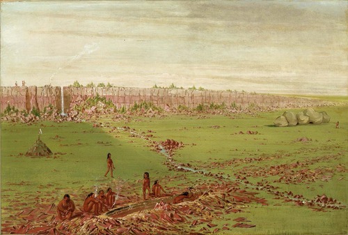 Image of George Catlin’s 1836 painting Pipestone Quarry on the Coteau des Prairies showing traditional quarrying, Winnewissa Falls, and the Three Maidens boulders.