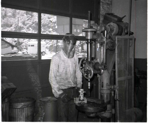 BW Photo of Navajo workers in wood shop.