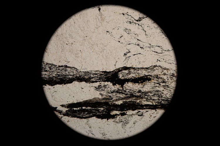 Circular microscopic image of rock structure.