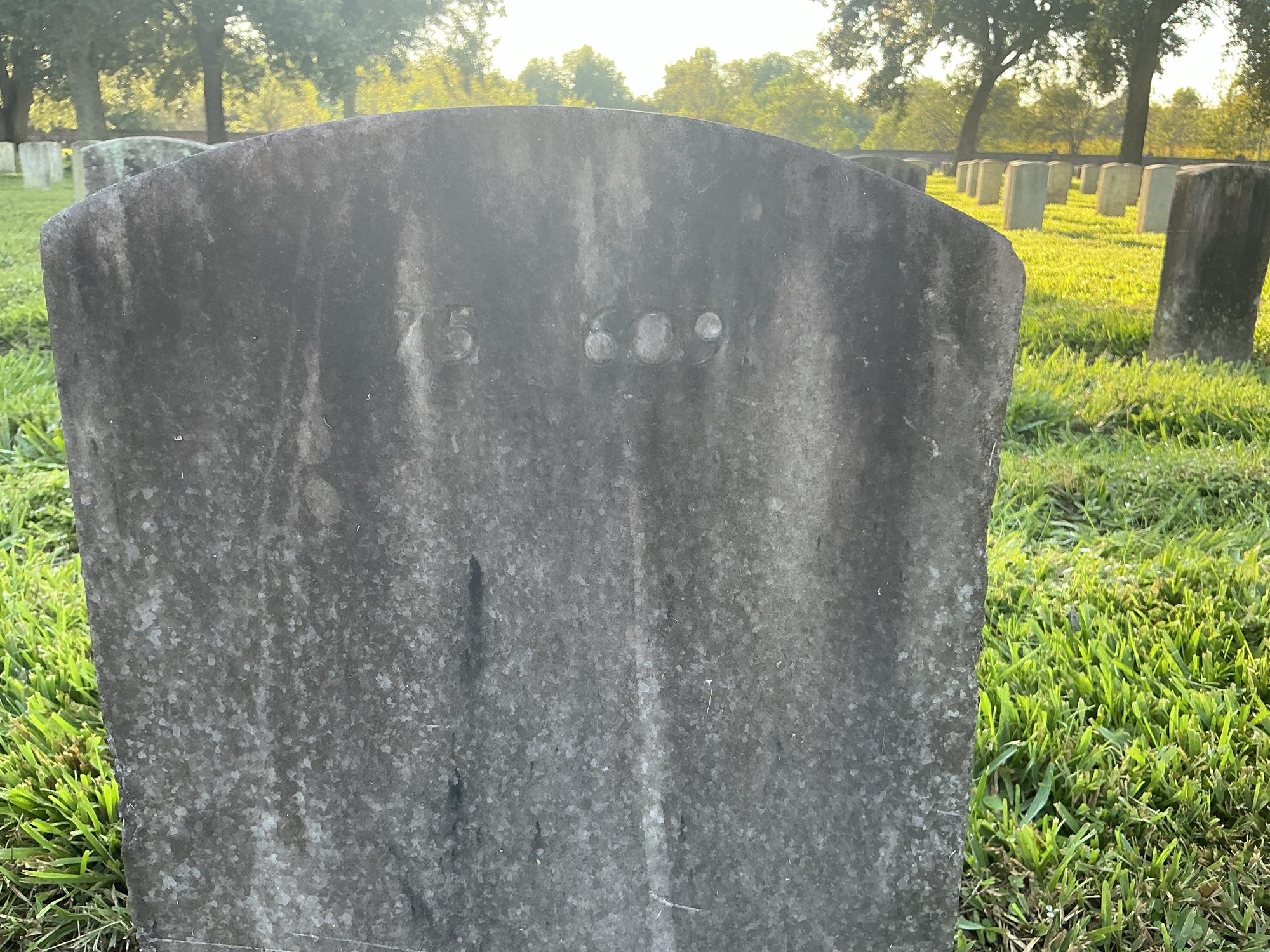 Extra image of historic upright marble headstone with incised shield face.