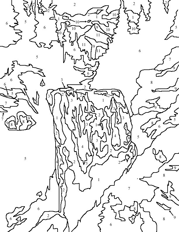 A blank, tape-by-numbers template of the Dawn Mist Waterfall. This features a mountain in the background, a river that cascades into the Dawn Mist Waterfall in the center, trees and rocks around the edge of the river and clouds in the sky.