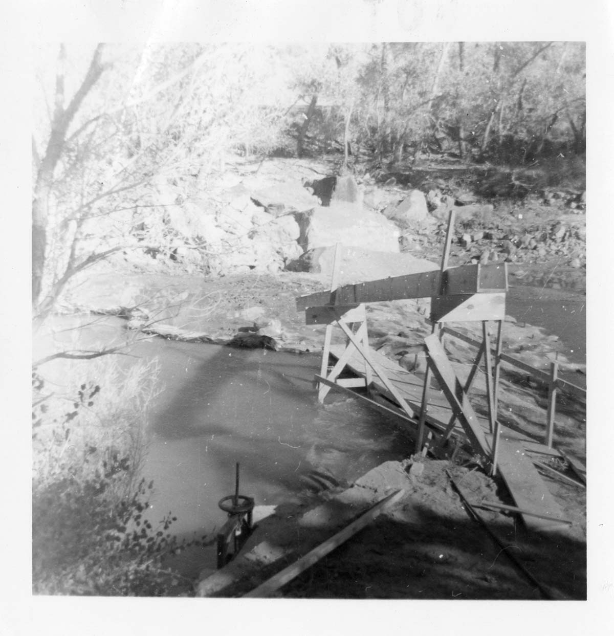 BW photo of the construction/modification of the Canyon Junction Spillway on the Virgin River.