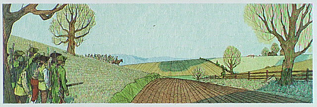 Militia and minutemen standing in foreground with a muskets. In background, Captain Isaac Davis, the Acton gunsmith, arrives with the minutemen from his town.