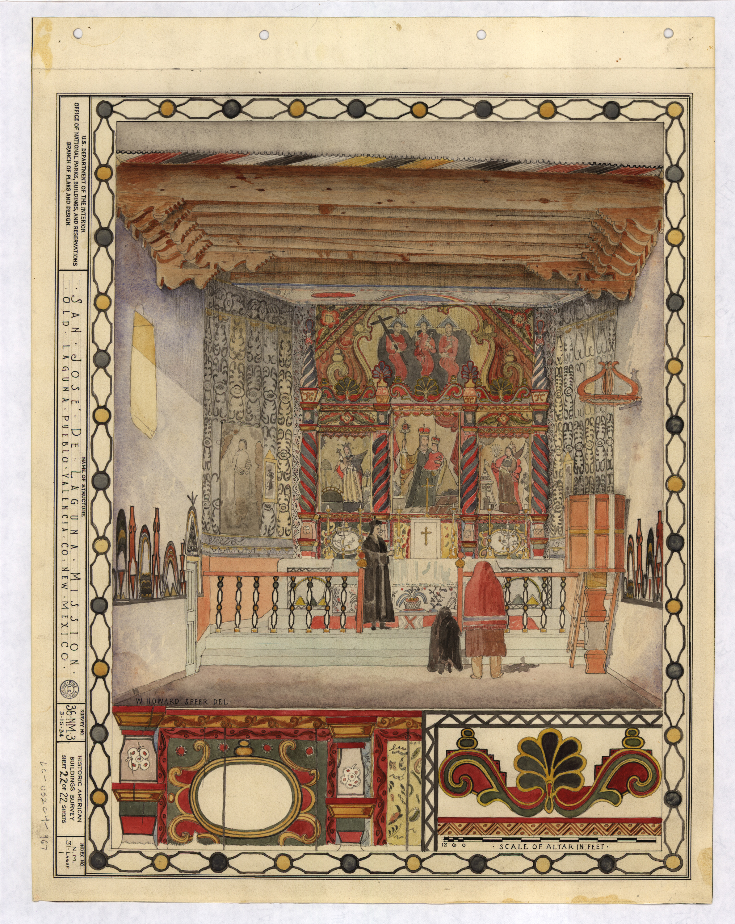 Watercolor depicting priest and two women in front of painted altar