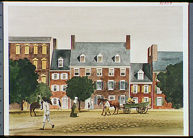 Colonial street scene in Philadelphia. Shown are a man on horseback and others on foot with a horse-drawn wagon.