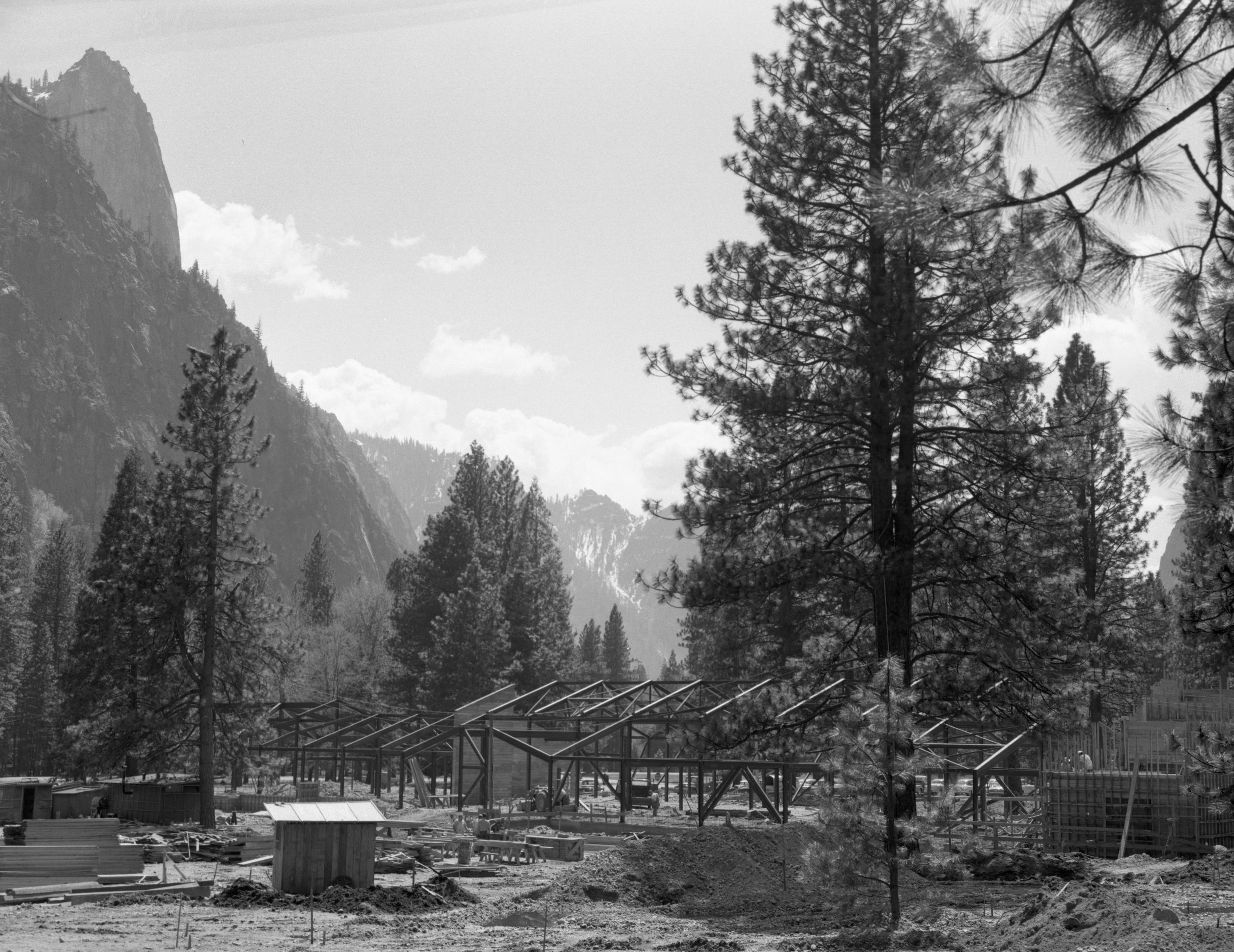 New Merchandise Center Under Construction, Yosemite Village. Mission 66 Cooperative project.