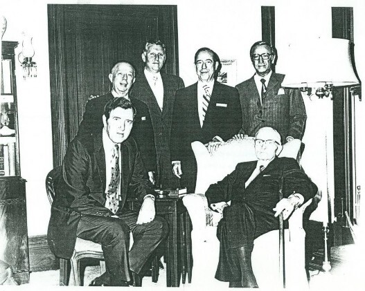 Senator Edmund S. Muskie (sitting left) with Harry S Truman and (standing, left to right) Sam Hipsch, Sumner Redstone, Charles Hipsch, and Sherrill Corwin, in the living room of the Truman home, December 14, 1970. (photocopy of Harry S. Truman Library photo 71-914 from Muskie Papers)