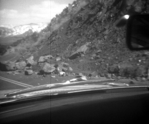 BW photos of rock slides in Kolob Canyons - 110mm. Rock slide on roadway.