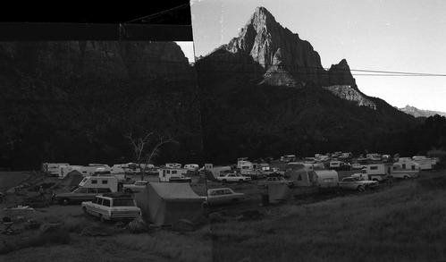 Camper use of overflow area, South Campground, west of Virgin River and north of South Campground.