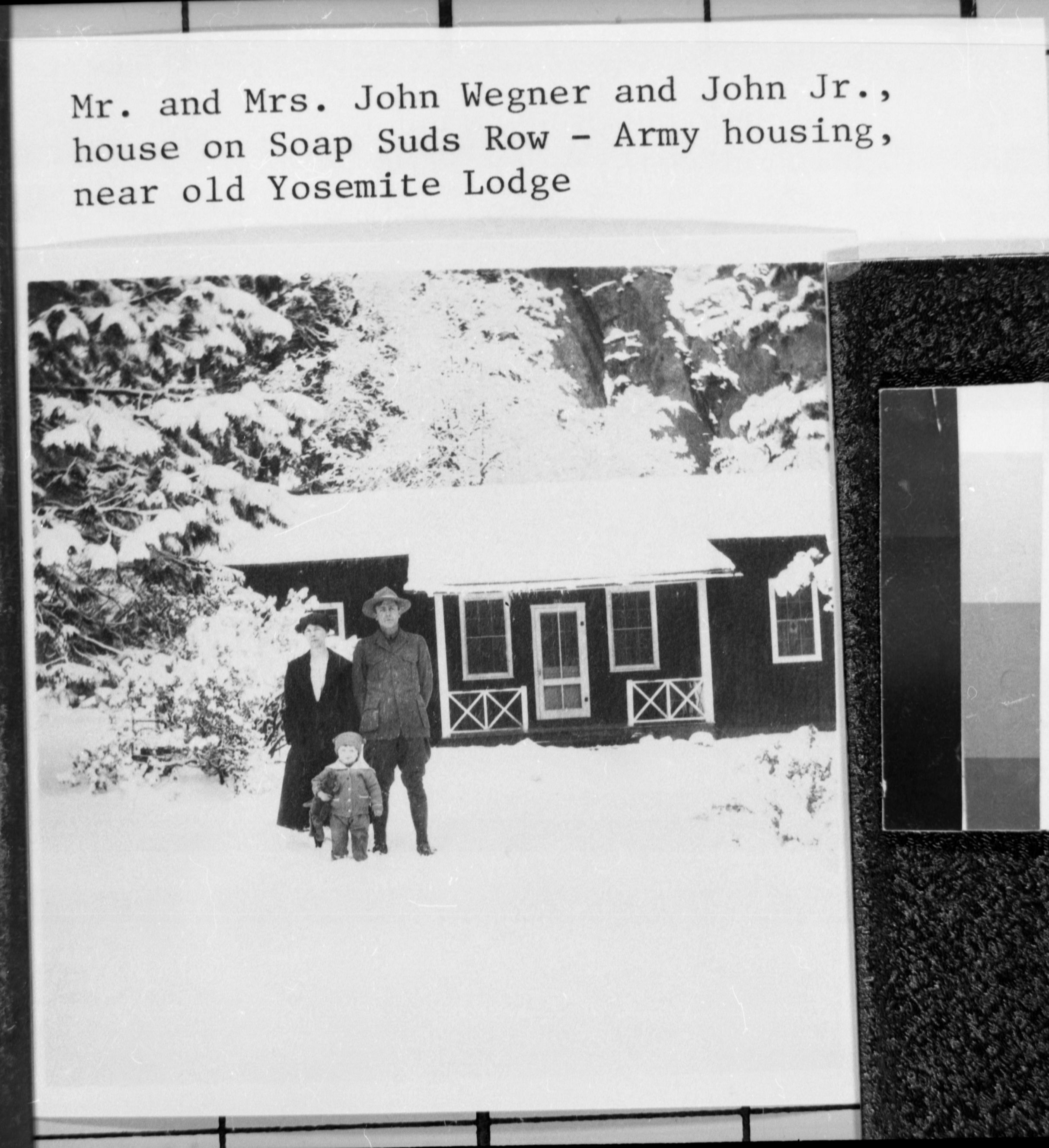 Mr. & Mrs. John Wegner and John, Jr. at house on Soap Suds Row - Army housing near Old Yosemite Lodge. Copied from the Wegner photo album.