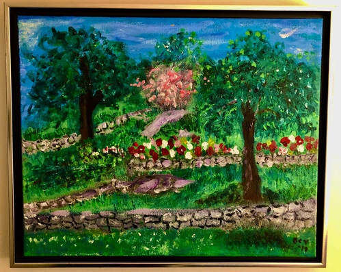 A painting of a stone wall and trees.