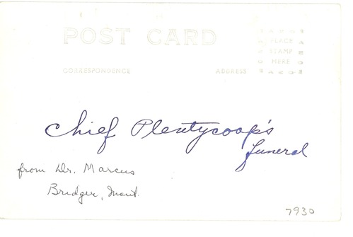 Funeral Procession for Chief Plentycoops; Mounted Men in Traditional Dress and Feathered Headdresses Follow the Casket