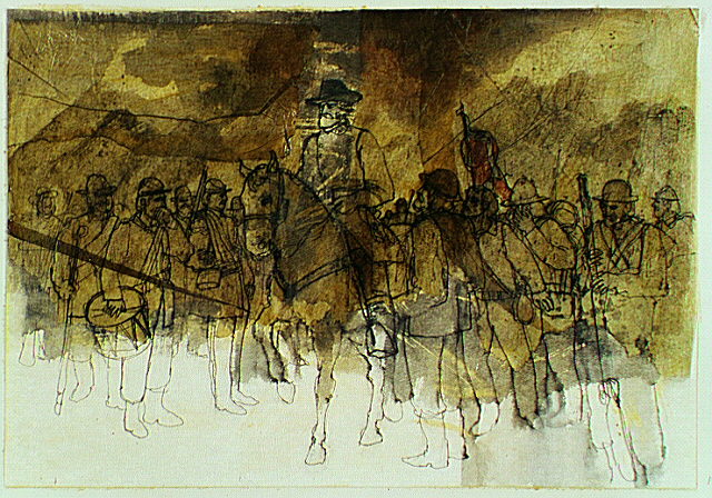 Confederate General Robert E. Lee riding between rows of his troops.