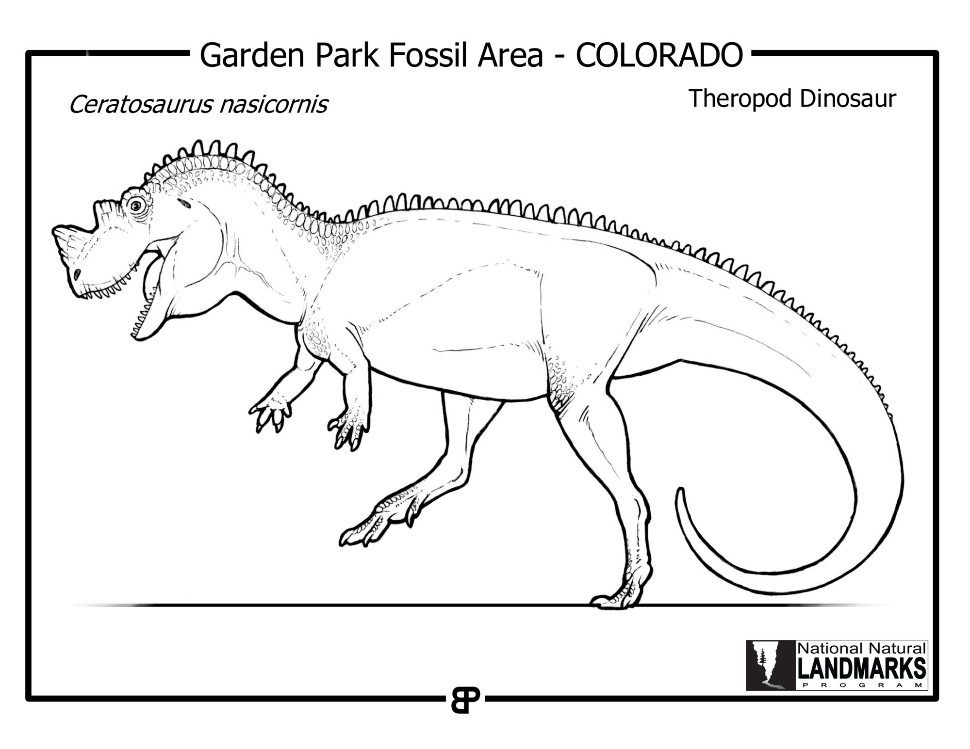 black and white line drawing of a dinosaur walking on 2 legs