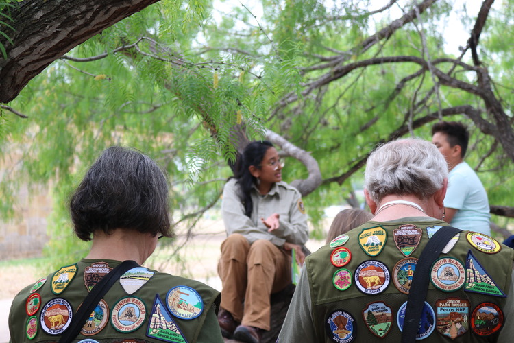 Vests covered in park patches under a mesquite tree. 