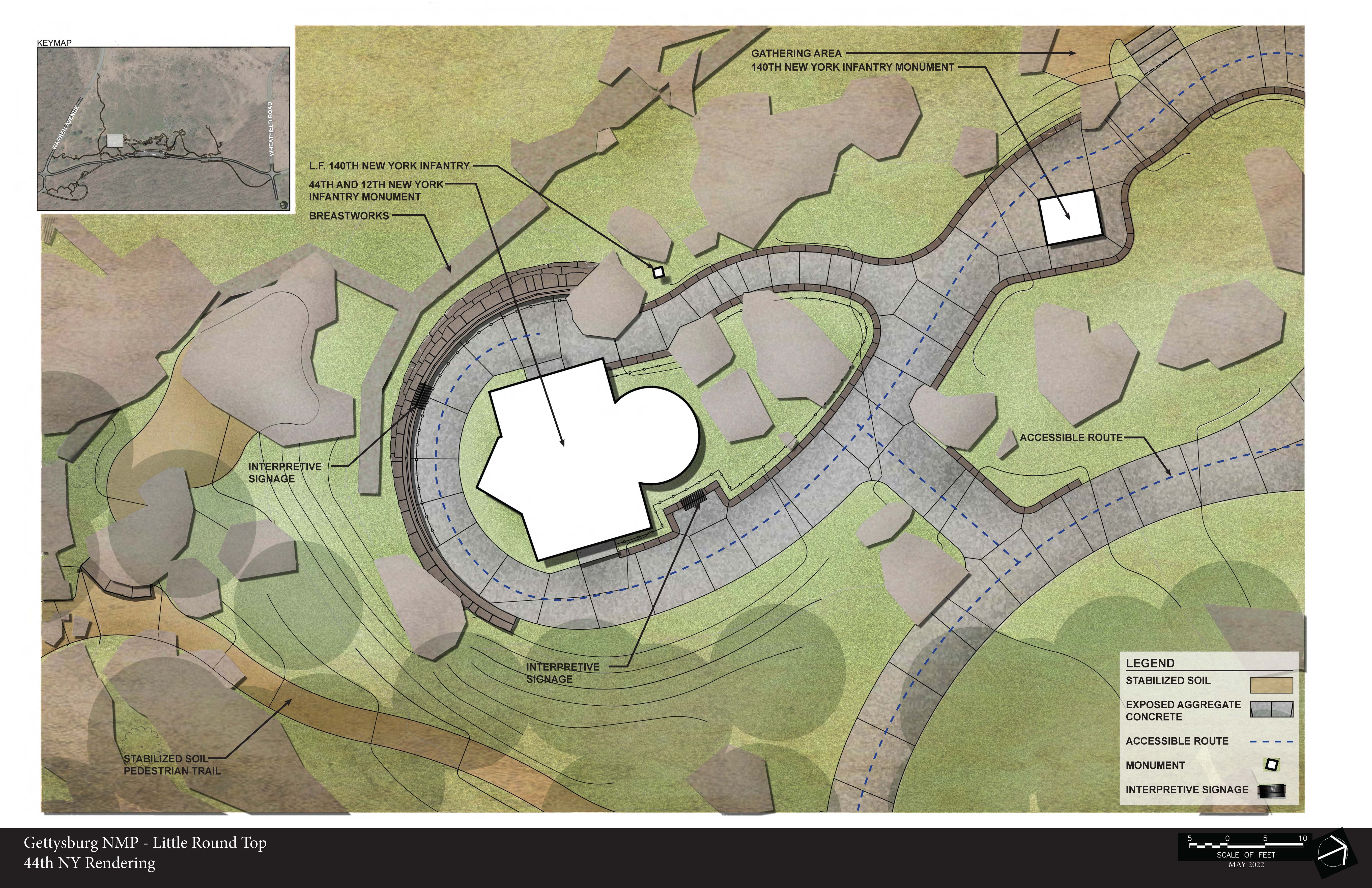 An artistic rendering of the area around the popular 44th New York monument. The rendering depicts roads and walking trails in grey, vehicles and monuments in white, and tree covered areas in green.
