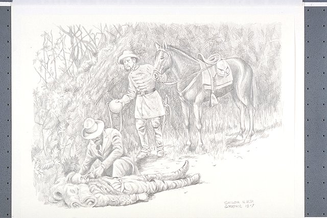 Scene depicts the death of Gen. Albert Sidney Johnston, the Confederate Commander at the Battle of Shiloh, on April 6, 1862.