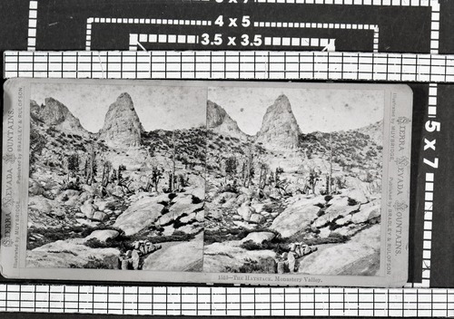 Copy Neg: Leroy Radanovich, June 2001. Stereoview titled "1513 The Haystack, Monastery Valley." Taken in the Echo Peaks/Cathedral Peaks range area.