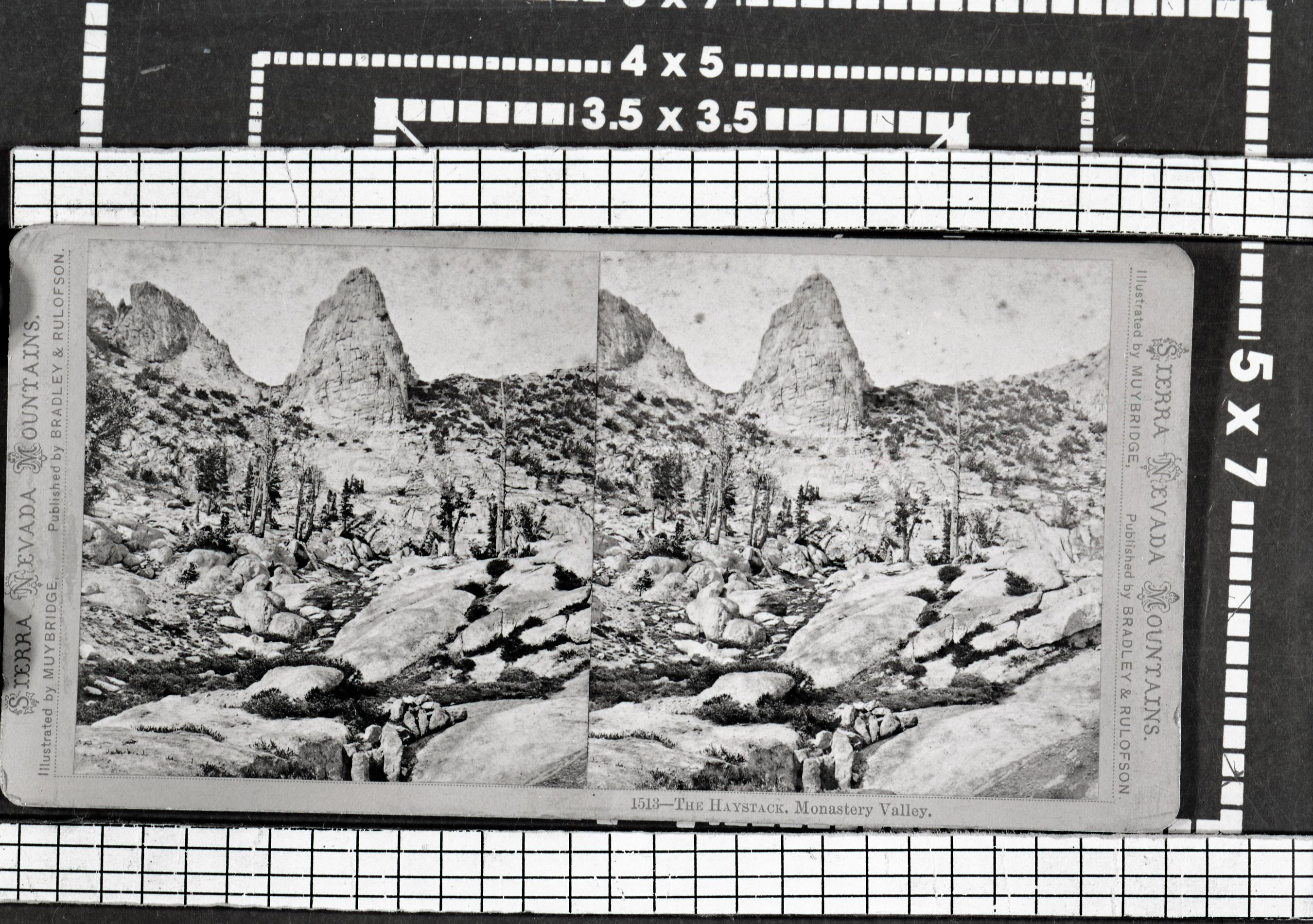 Copy Neg: Leroy Radanovich, June 2001. Stereoview titled "1513 The Haystack, Monastery Valley." Taken in the Echo Peaks/Cathedral Peaks range area.