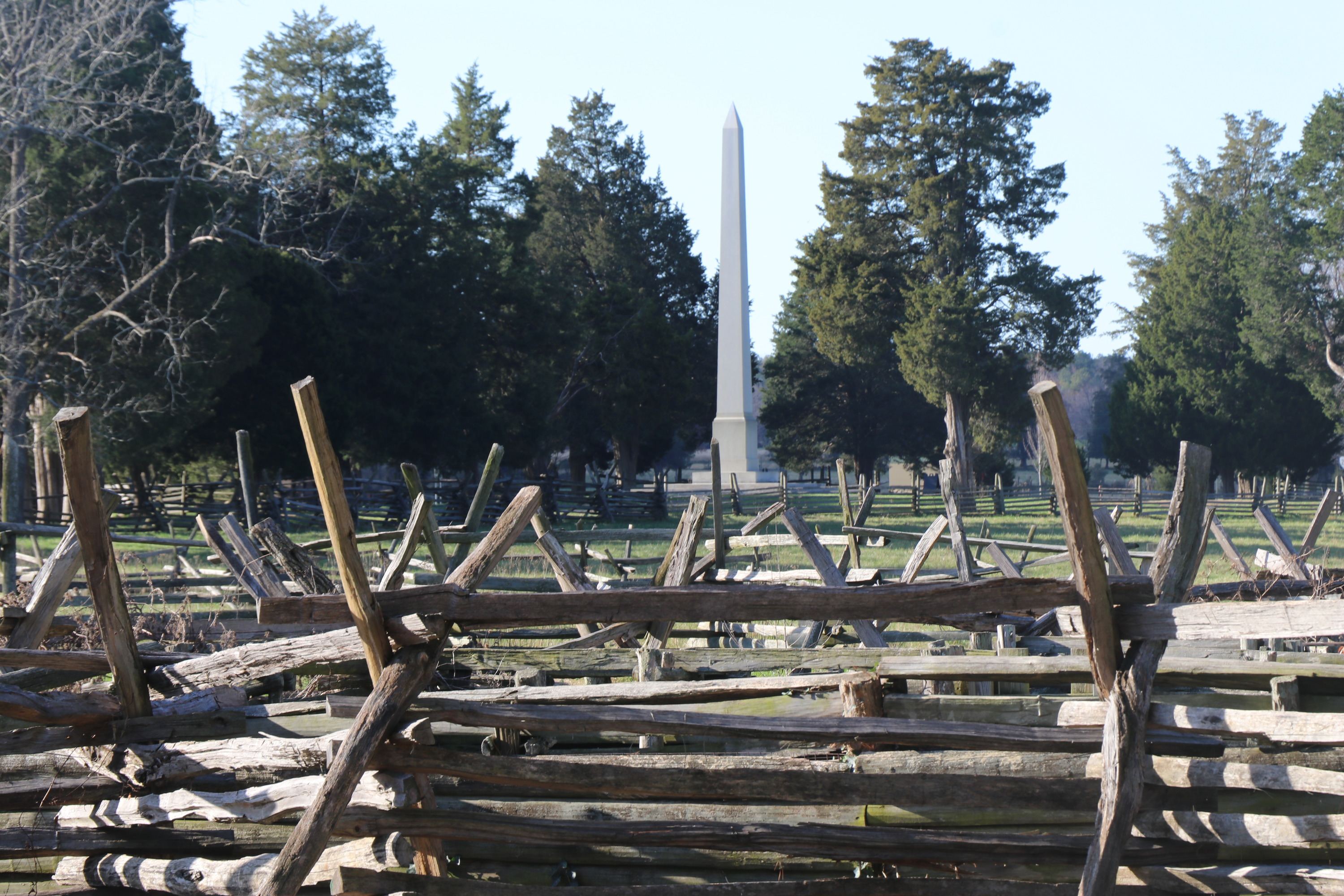 White obelisk rising above fencing surrounded by trees. 