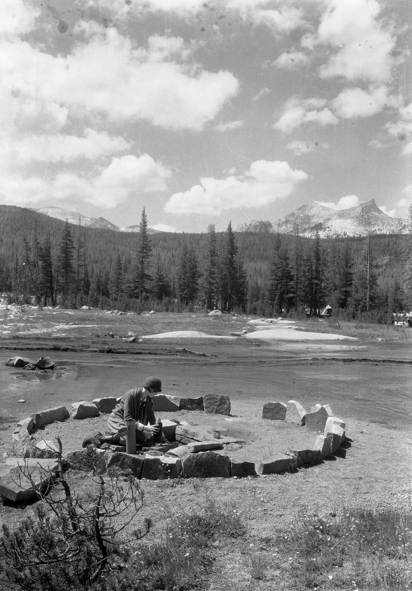 Soda Springs, Tuolumne. Soda Springs are to be found in Tuolumne Meadows. Many visitors camp in this region for considerable lengths of time in order to derive the benefits of the highly valuable medicinal qualities of this soda water. Photographer: James V. Lloyd, Information Ranger, Asst. Supt. 1929