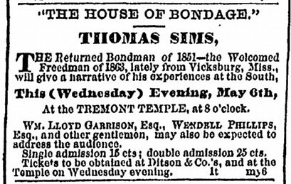 Newspaper clipping advertising a lecture by Thomas Sims at Tremont Temple