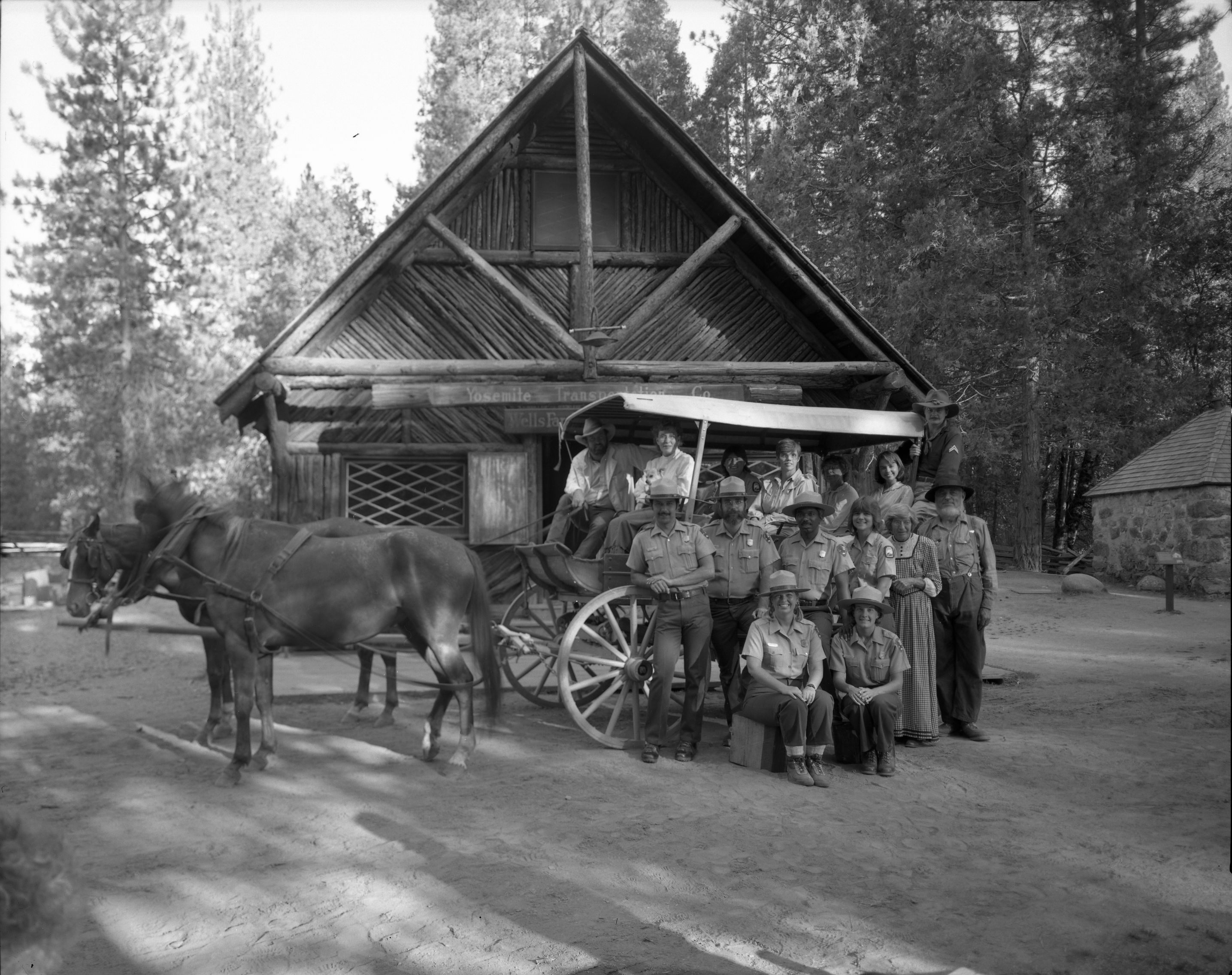 Group photo of the Pioneer Yosemite History Center (PYHC) staff. Front row (L-R): Karen Barrett, Lee Taylor. Middle Row: Tom Young, Dean Shenk, John Jackson, Dana (Dorato) Jones, Maggie Duncan, Ed Dwer. Back Row: Burrel Maier (driver), Caesar (dog), Lee Ann Shults, Rose Bacchini, Jean Smith, Norma Cook, Rebecca Gilma-Smith, Andy Rowden. Not pictured: Bob Bilek, Mile Walsh, Julie Goodrich, Neena Jain, Lisa Klimek, Joan Jordan and Heidi Binnewies.