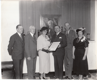Edison Day resolution presented to Madeleine Edison Sloane by Mayor Walter B. Savage, John Condron (2nd from left) and Mr. and Mrs. Strongfellow (at right).