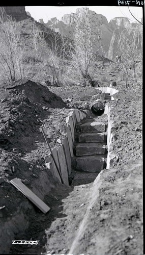 Irrigation ditches and water droplets during construction.