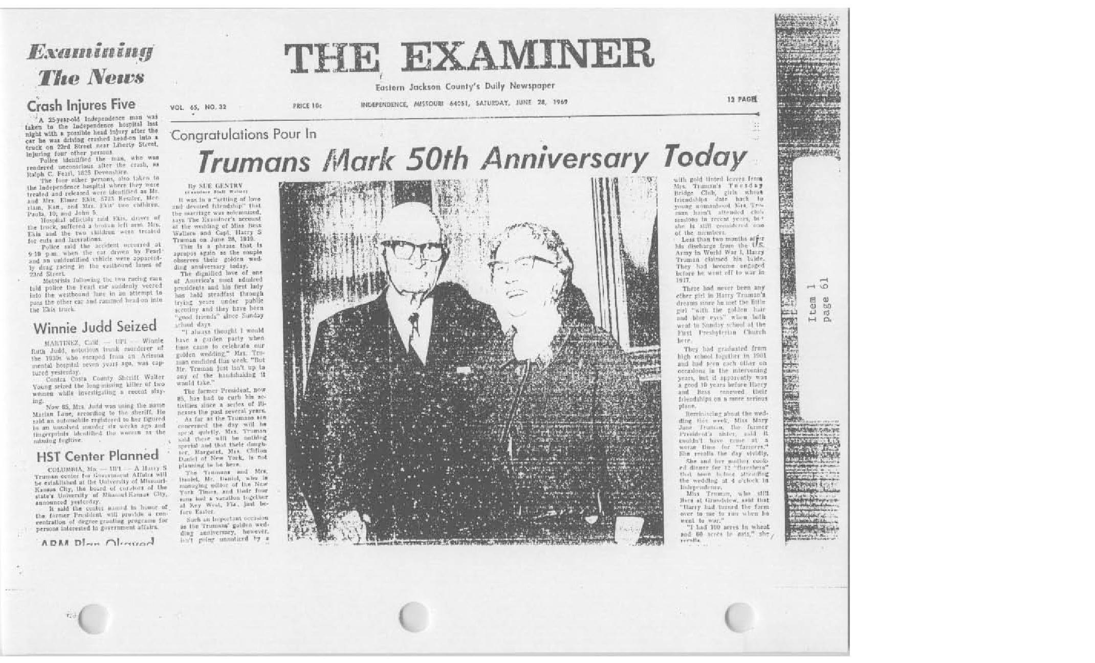 Newspaper article noting the Trumans' 50th wedding anniversary, with photograph of the Trumans.