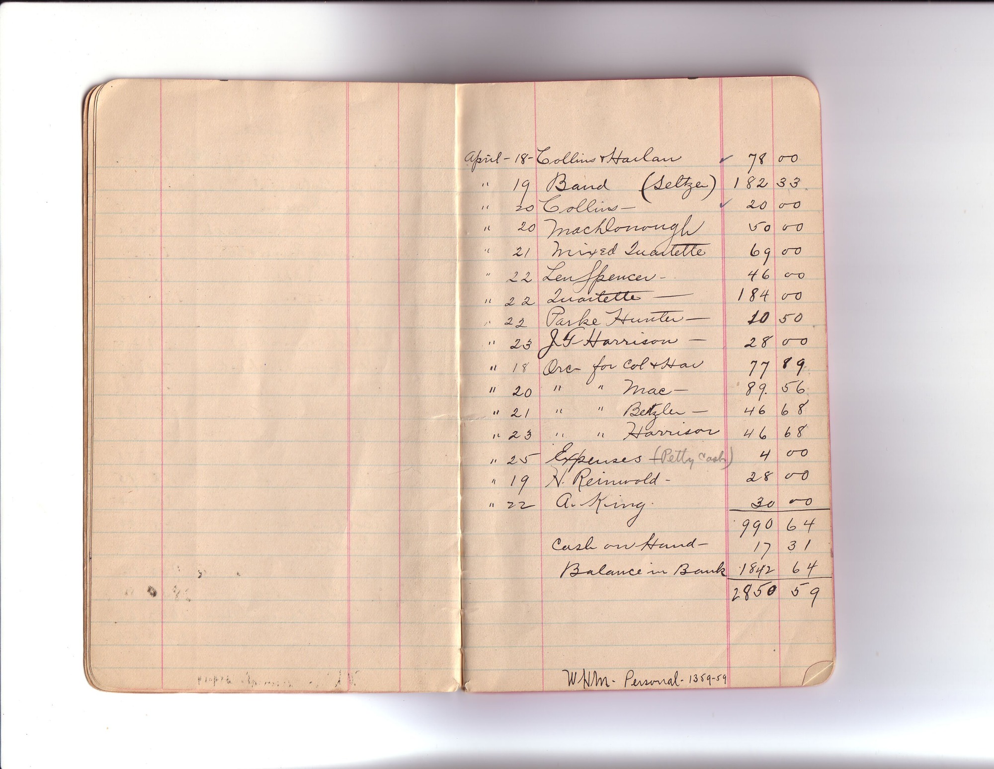 Thomas Edison's New York City Recording Studio Cash Book 01 (of 21), Image 05 (of 41).