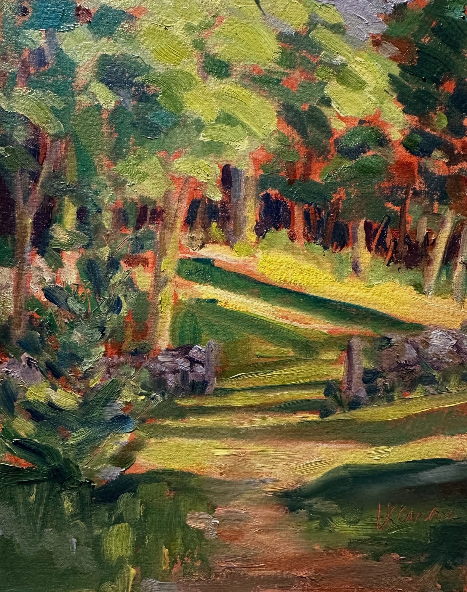 A painting of a forest with a path going through a stone wall, while light and shadows cast upon the ground.