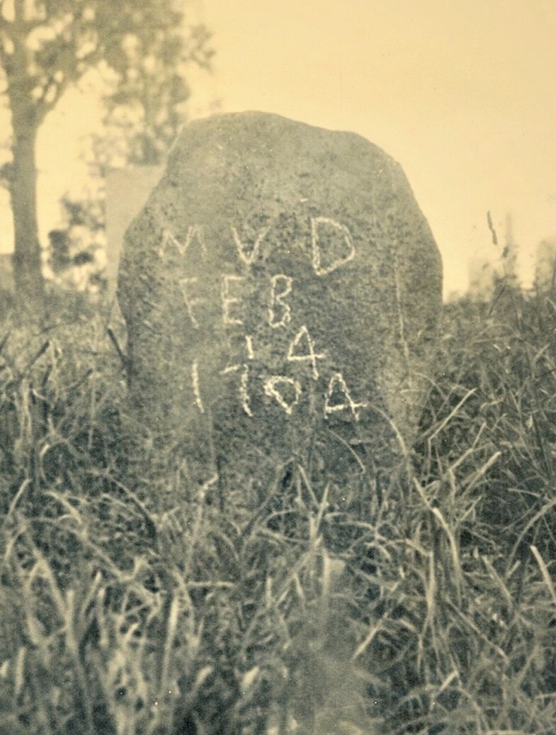 Light grey gravestone, with inscription. Grass and a tree are also visible. 