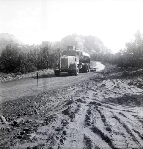 Construction vehicle during chipsealing of Kolob Canyon Road.
