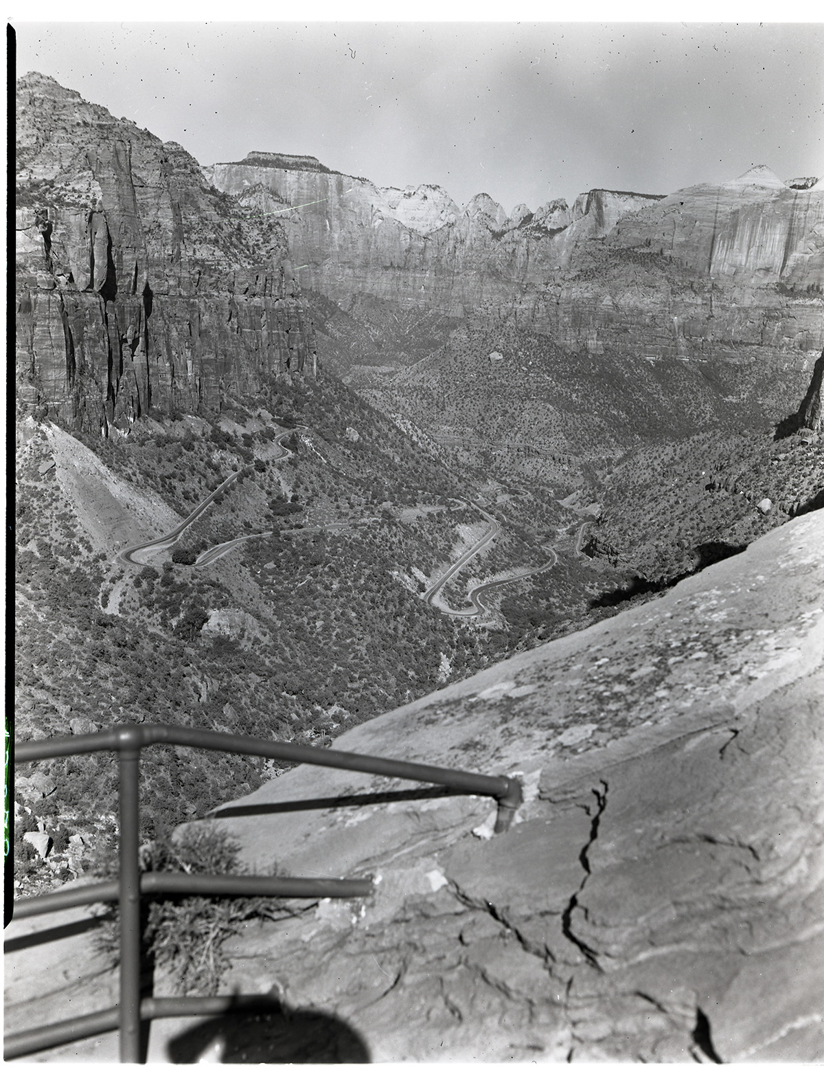View from end of canyon overlook trail of switchbacks on leaving Zion-Mt. Carmel tunnel.