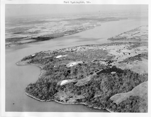 The aerial view of Fort Washington, buildings dot the landscape of the property with minimal trees.  Areas were the Endicotte Batteries are located have be whited out hiding any weapons that may be on them.
