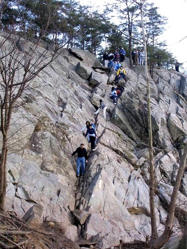 A line of hikers carefully maneuver down a steep rocky slope using their hands and feet. 