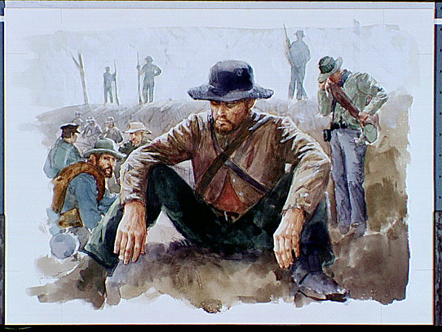 Dejected Confederate prisoner sitting on ground in Union camp with other soldiers in background.