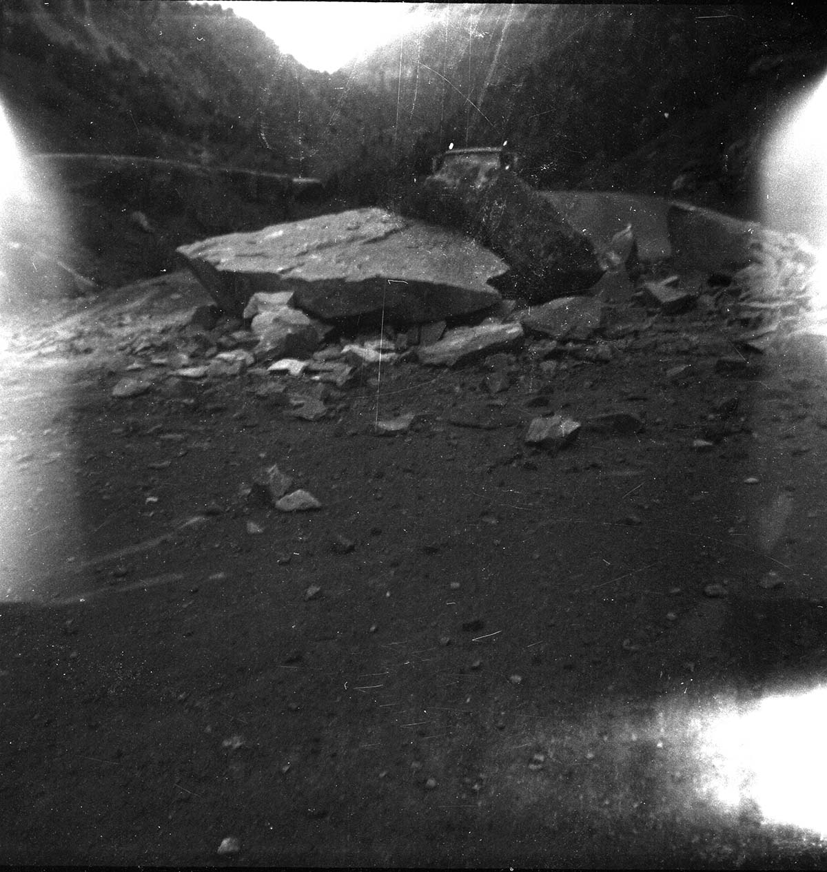 BW photo of rock slide near Echo Rock - 2.5" x 2.5".