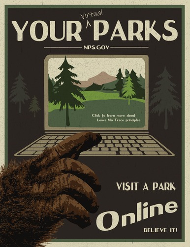 Infographic with text "Find Your Virtual Park", "NPS.gov", and "Visit a Park Online, Believe it!". The image is an illustration of a furry hand reaching for a laptop viewing an image of trees and mountains with text "Click to learn more about Leave No Trace principles" as an example of information that can be found online.