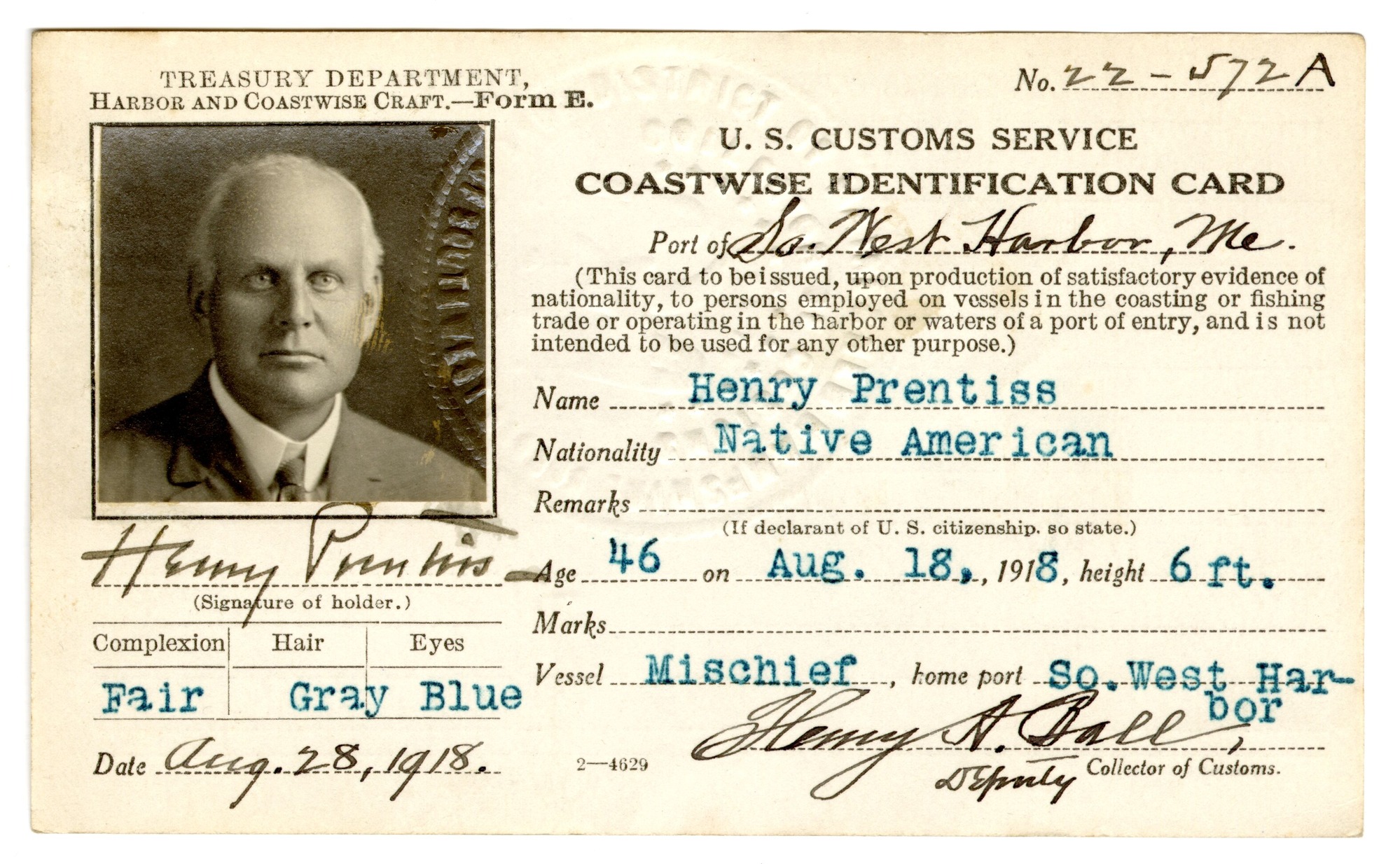 Henry Prentiss 1918 Coastwise Identification Card