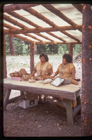 Two women stand in front of a display of Atsugewi crafts.