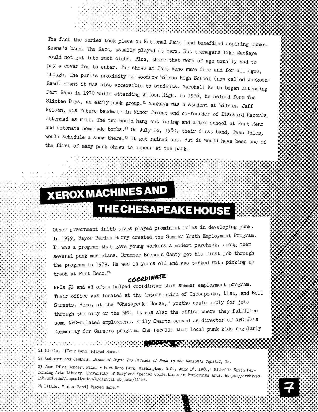 White boxes with black typewriter font. A black banner with white font reading “Xerox Machines and the Chesapeake House.” The word “’coordinate” misspelled, cross-out, and handwritten in pen. White stippled background.