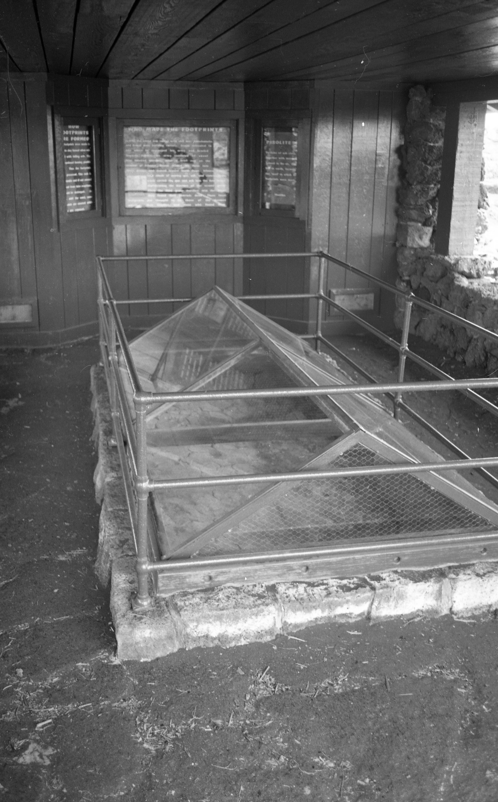 A black and white image of a covered exhibit area at the Kaʻu shelter. In the center of the image is an area of ash that has been lined by brick. On top of the brick are metal railings to prevent people from climbing over and onto the protected footprints. The ash has been covered by a glass shield to prevent damage to the footprints. There is a walkway around the footprints case. Behind the case there are three exhibit panels on the exterior wall of a building. From left to right the exhibit panels are titled, "How Footprints Are Formed,” “Who Made the Footprints,” and “Pisolite."