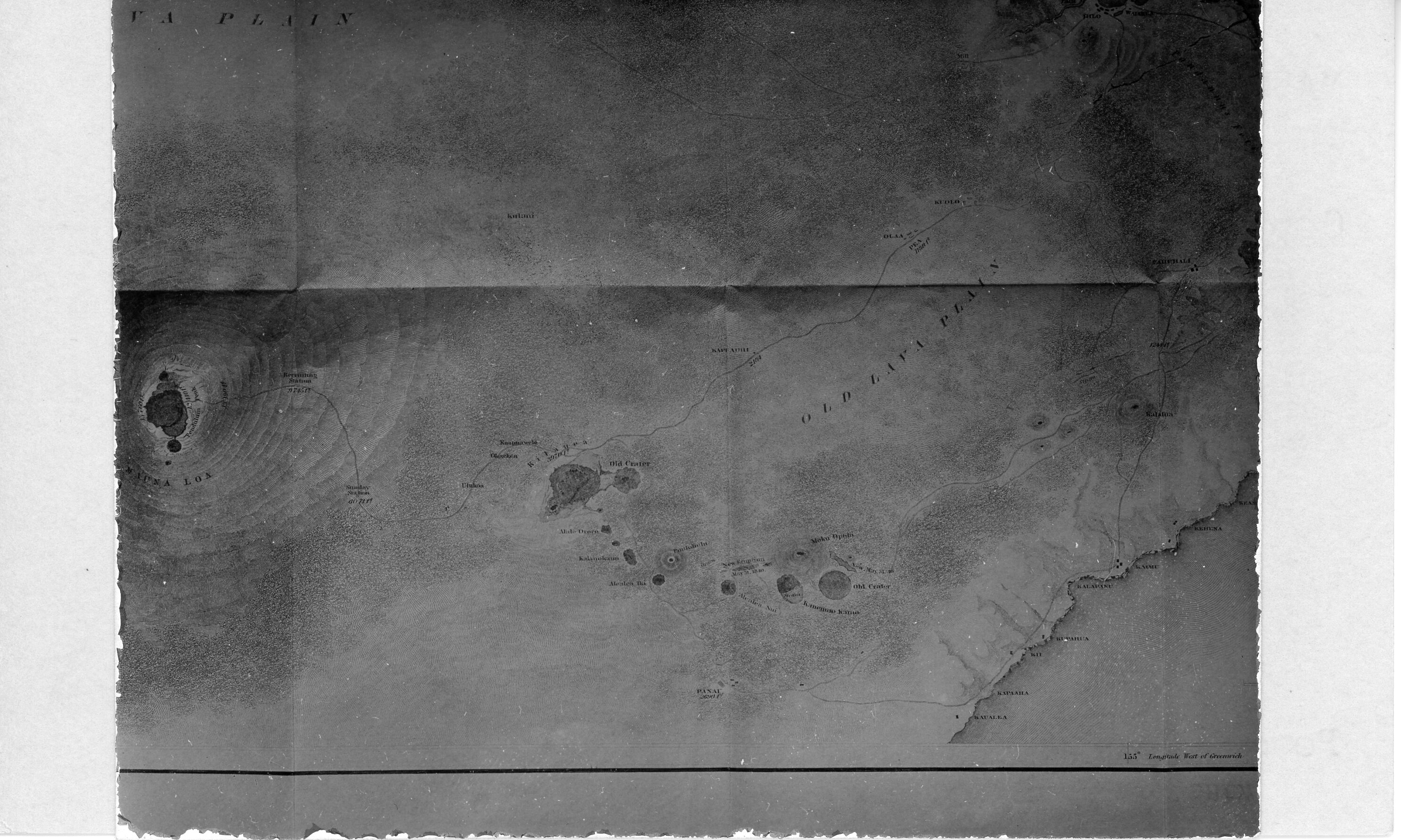 A black and white close-up image of Charles Wilkes' topographical map of Hawaiʻi island showing Kīlauea's and Mauna Loa's craters. Towards the bottom right corner of the image, there is a section of lower Puna's coastline. Towns are labeled next to black dots which indicate their location. It also has roughly drawn lines indicating roads/trails around Kīlauea and Mauna Loa. There are circles and outlines of the various craters of Kīlauea and Mauna Loa. They are labeled. Around Mauna Loa crater there are a series of elevation lines going out from the crater to indicate elevation changes in the landscape.