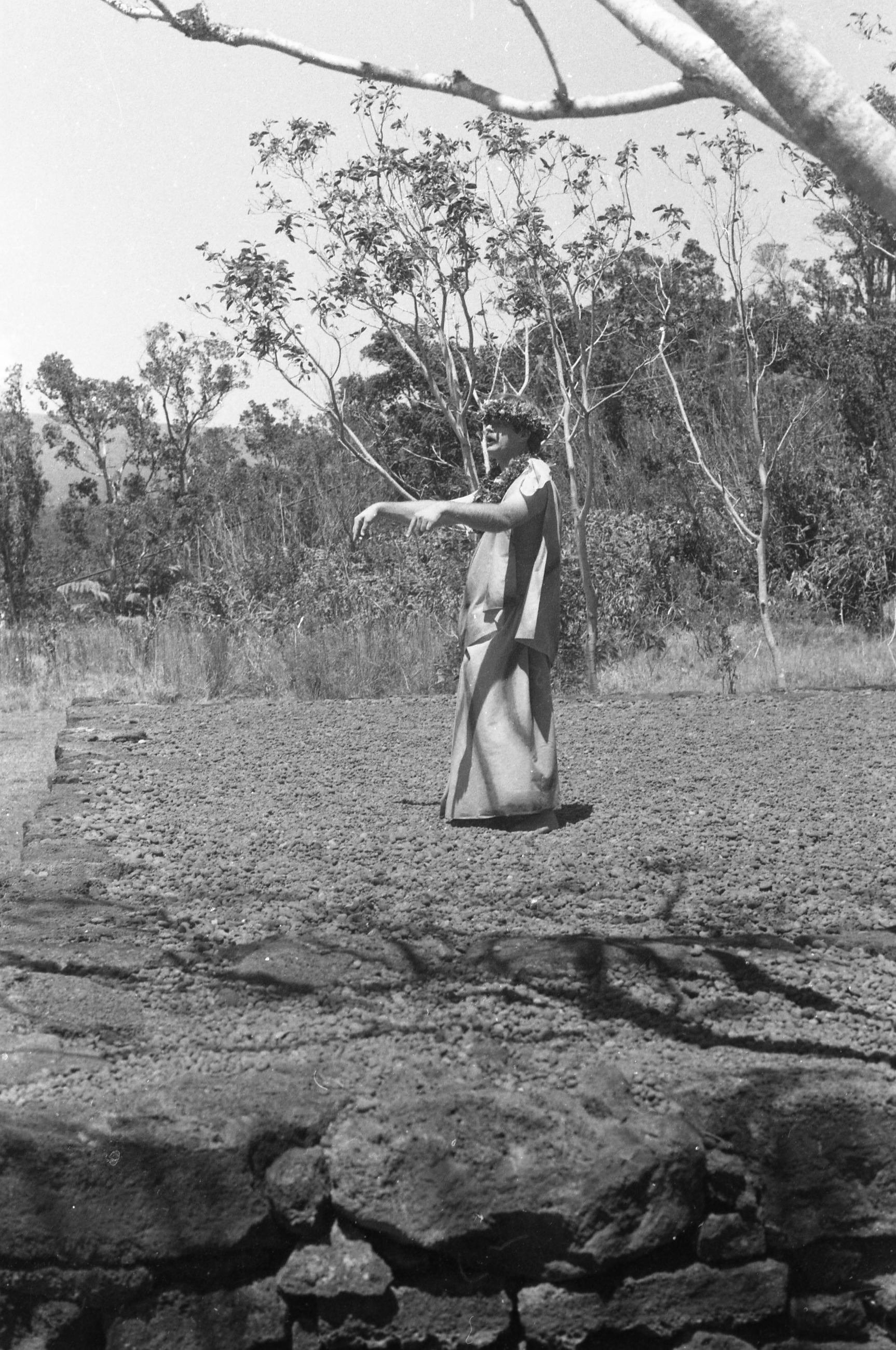A black and white image of a man performing a hula on a raised platform. The man is in the center of the image of the image and is facing the left side of the image. He is wearing a floral headband, a lei, kīkepa and has no shoes on. His arms are raised and bent at the elbow. His fingers are bent in a bowl shape facing the ground. The raised platform is covered with pebbles and is bordered by a rock retaining wall. In the background there is a wooded area with telephone lines running horizontally across the top of the image.