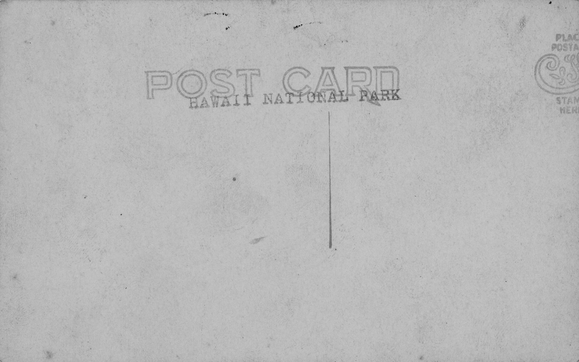 Reverse side of a post card, stamped writing reads "Post Card" and "Hawai'i National Park." Stamp placement area is cut off in the top right corner.